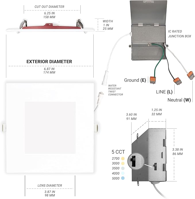 NUWATT 6" Fire Rated Recessed Light, 90 CRI Wafer Lights 6 Inch, 5CCT 2700K/3000K/3500K/4000K/5000K, 15W, Dimmable 1200LM, Wet & IC Rated LED Square Recessed Lighting, No Tenmat Needed, ETL, 6 Pack