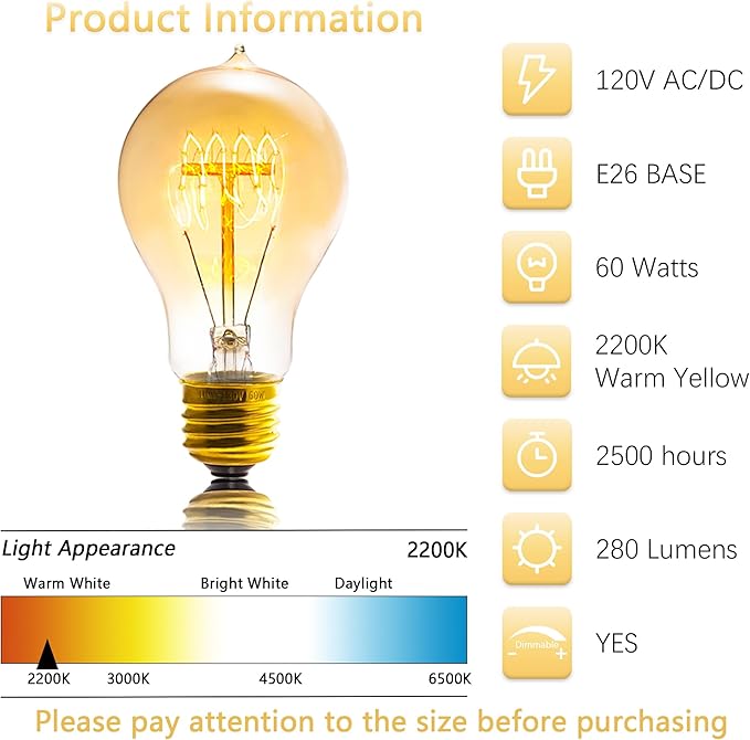 A19 Edison Light Bulb,E26 Incandescent Light Bulbs 60W Antique Vintage Bulb,2200K Dimmable Warm White 280 Lumens Amber Retro Decorative Old Fashioned Incandescent Bulb,Squirrel Cage 6 Pack