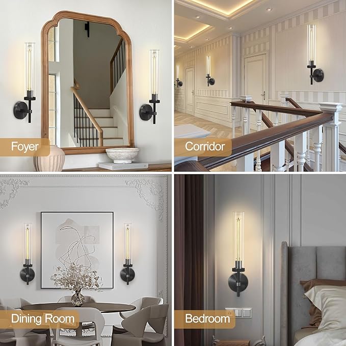 Black Wall Sconce, 19" Tube Glass Sconce Wall Lighting, Bathroom Wall Light, Vanity Lights for Living Room, Wall Lamp for Bedroom, Hallway, Fireplace, Staircase