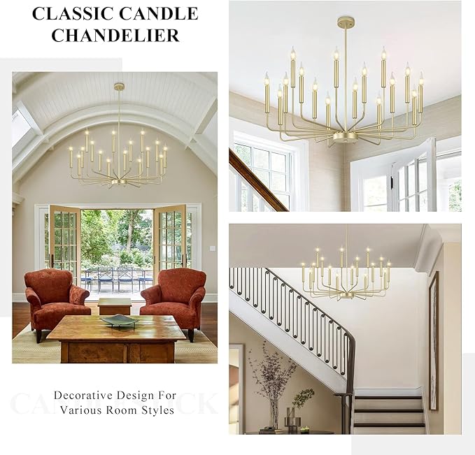 Qamra Modern Farmhouse Gold Chandelier for Dining Room, 16-Light Rustic Candle Chandelier Light Fixture, Industrial Hanging Chandeliers Lighting for Living Room, Kitchen, Staircase, Entryway, Foyer