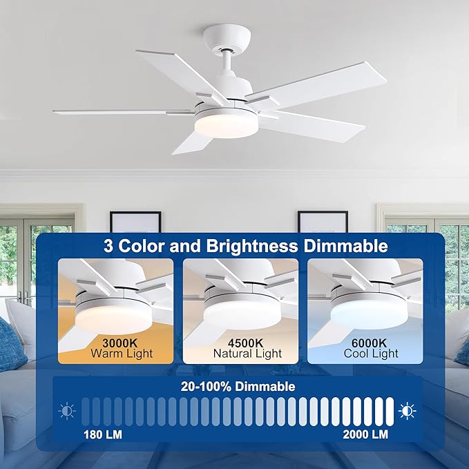 42 Inch Ceiling Fans with Lights and Remote, White Ceiling Fan with 5 Blades, 6 Speed Reversible DC Motor, 3CCT Dimmable LED, Modern Design for Bedroom, Living room & Covered Outdoor,Includes Downrod