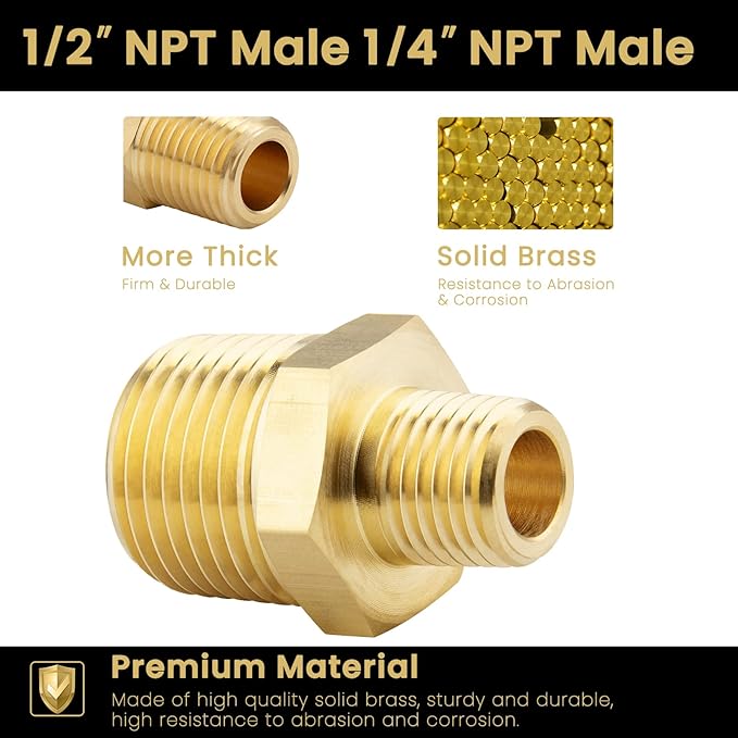 KOOTANS 1/2 NPT Male x 1/4 NPT Male Solid Brass Nipples, Heavy Brass Pipe Adapter Fittings Hex Reducing Nipples Connectors 4Pieces
