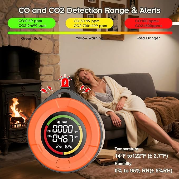 Portable Carbon Monoxide Detector for Travel：4-in-1 CO2 Monitor for Home - 1000mAh Battery Mini CO Carbon Dioxide Alarm with Temperature(°F) & Humidity for RV Hotel Camping- Orange
