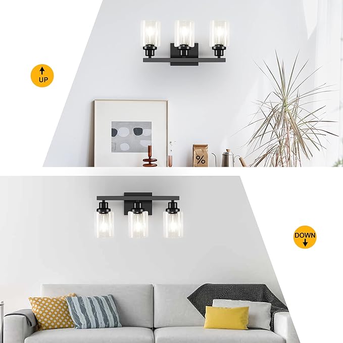 3-Light Bathroom Light Fixtures, Black Bathroom Vanity Light with Clear Glass Shade, Modern Bathroom Wall Lights Over Mirror, Farmhouse Wall Sconces Lighting for Bedroom LivingRoom