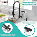 GIMILI Commercial Kitchen Faucet with Pull Down Sprayer, Double Headed Single Handle High Pressure Kitchen Faucet with Soap Dispenser Matte Black