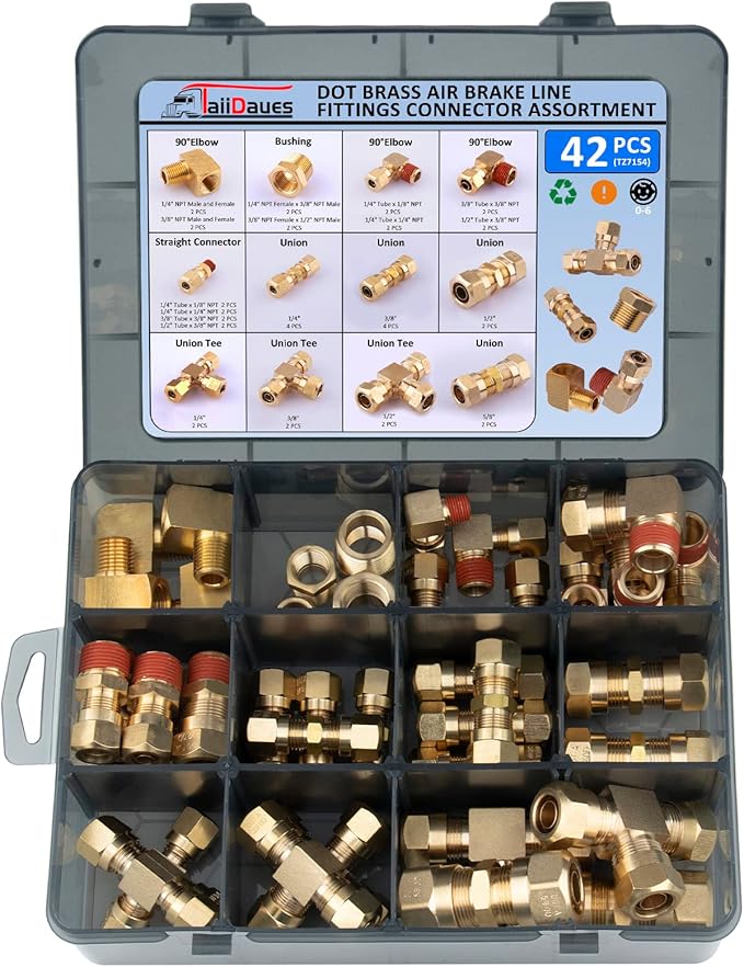 42 PCS DOT Air Brake Line Fittings, Brass Compression Air Nylon Tubing Fittings Repair Assortment 1/8" 1/4" 3/8" 1/2" 5/8" For Trucks or Industrial Air System