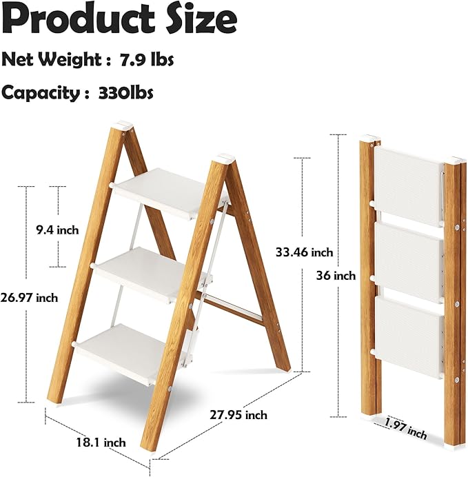 Taranta 3 Step Ladder,Aluminum Lightweight Folding 3 Step Stool with Anti-Slip Wide Pedal,330lbs Capacity Step Ladder for Household,Kitchen,Office - White Woodgrain
