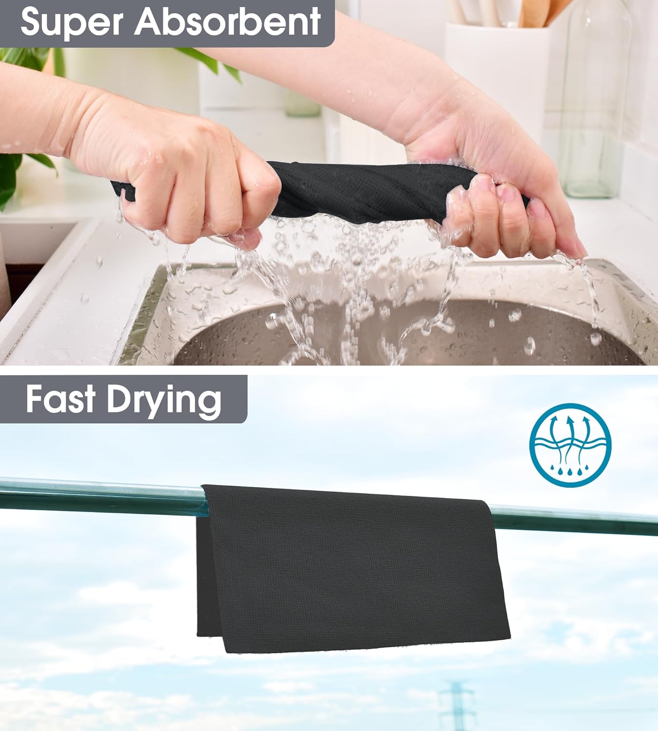 KitchLife Microfiber Cleaning Cloth Roll, 100 Pack - Tear-Away Microfiber Paper Towels, Lint-Free, Reusable, Washable for Kitchen, Car, Dishes, and Sensitive Surfaces (Black)