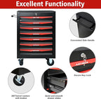 7 Drawers Rolling Tool Box on Wheels, Multifunctional Tool Chest Cabinet with Lock, Drawers Rolling Tool Cart Trolley Organizer Tool Storage Case for Warehouse,Garage,Workshop (Black&Red)