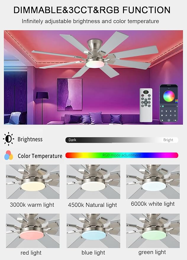 52 inch Ceiling Fan with Light, 6 Speeds Reversible Low Profile Ceiling Fan with Light and Remote/APP Control, 3 Color Temp+Dimmable RGB, 8 Blades, Flush Mount Quiet Ceiling Fans, Nickel