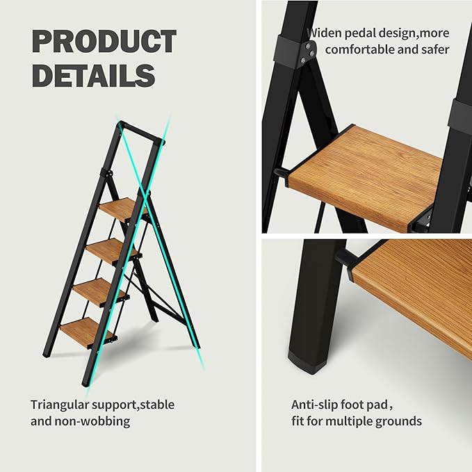 4 Step Ladder,Lightweight Folding Step Stool with Aluminum Wide Pedal& Convenient Handgrip,330lbs Capacity Steel Ladder for Household and Office(Black &Woodgrain)