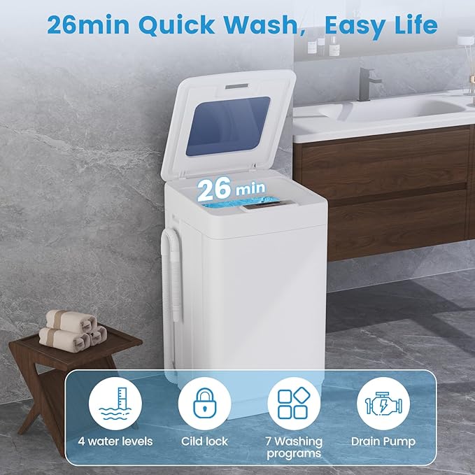 VCJ Portable Washing Machine, 20 Lbs Full-Automatic Portable Washer with 7 Wash Cycles, LED Display, Electric Laundry Machine for Apartment, RVs, Dorms