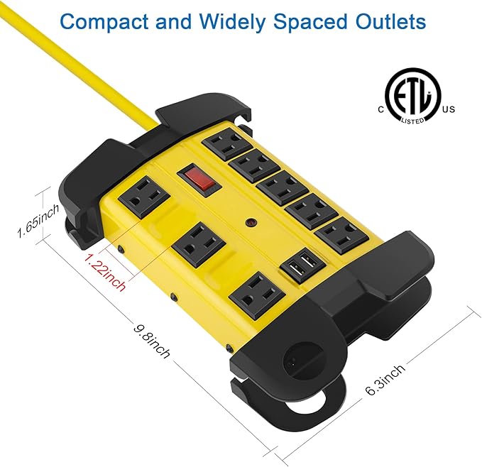 Heavy Duty Power Strip with USB, Workshop 8 Outlet Surge Protector 2700 Joules, Industrial Metal 15Amp Power Strip, 10 FT Extension Cord and Wide Spaced. Yellow