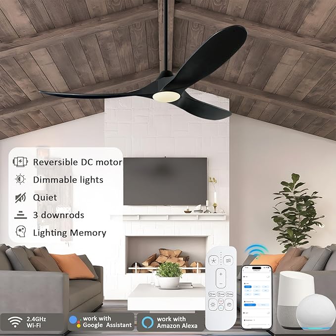 60 inch Black Ceiling Fan with Lights, Outdoor Ceiling Fans for Patios Damp Rated, Large Airflow Smart Propeller Ceiling Fan Modern Wooden Ceiling Fans for Commercial Indoor Exterior House Porch
