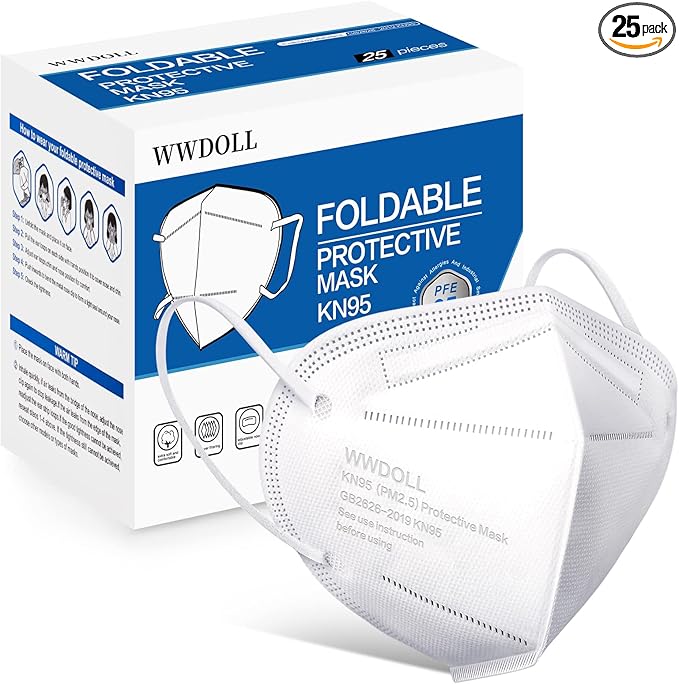 WWDOLL KN95 Face Mask 25 Pack, 5-Layers Breathable KN95 Masks, White