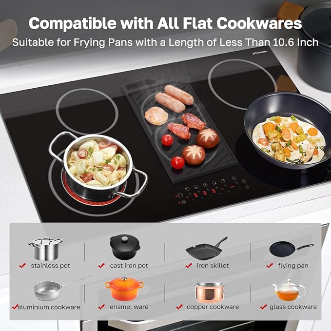 ThermoMate 36 Inch Electric Cooktop 5 Burners, 36" Built in Radiant Electric Stove Top, 8500W Ceramic Cooktop with Touch Control, 9 Heating Level, Chlid Lock & Timer, 220-240V Hard Wire ETL Listed
