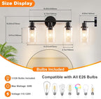 DLLT 3-Light Bathroom Light Fixtures: Black Modern Vanity Lights with 3 E26 Bulbs - Bubbled Glass Shade Bathroom Wall Lamp for Mirror Kitchen Living Room Hallway Cabinet Porch