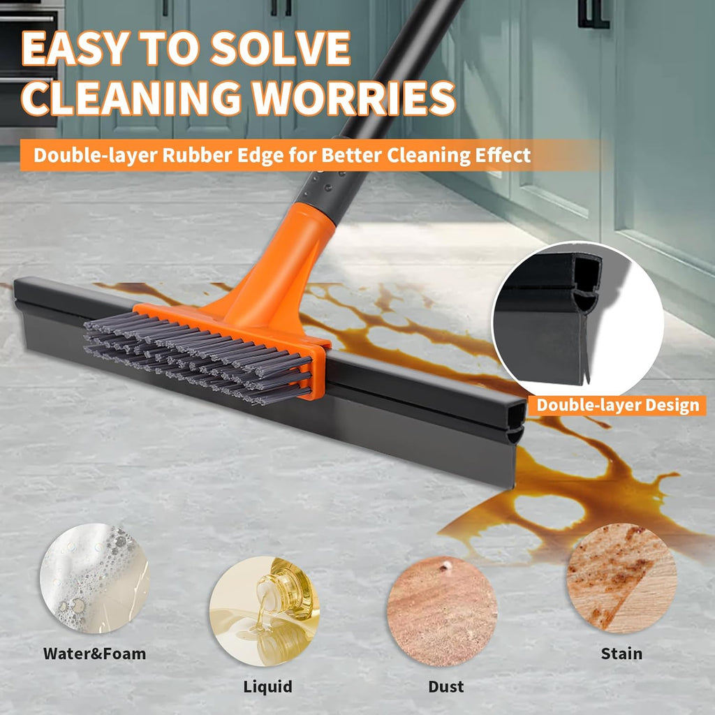 Rubber Floor Squeegee for Concrete Tile Floor, Large Water Squeegee Heavy Duty with Scrub Brush and Long Handle for Cleaning,Squeegee Broom for Window Garage Kitchen Bathroom Deck