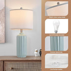 Lamp for Living Room Bedroom Lamps Farmhouse Table Lamps Set of 2 Vertical Stripe Ceramic Table Lamp,Linen Shade with Bulb, 25 in High,Light Blue