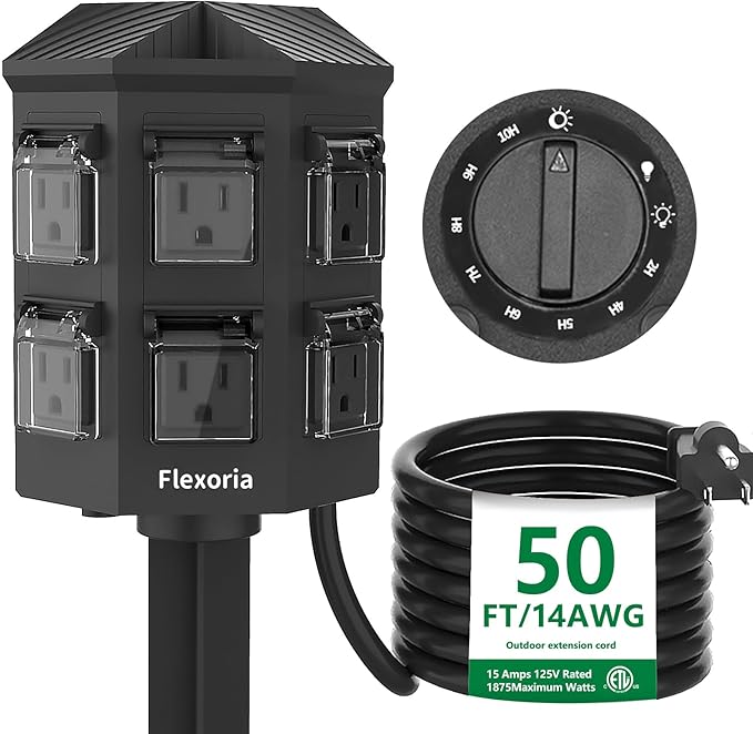 Outdoor Power Strip Timer Waterproof, Dusk to Dawn Light Sensor Countdown, 50 Feet Extension Cord, 6 Grounded Outlets for Halloween and Christmas Decorations, ETL Listed