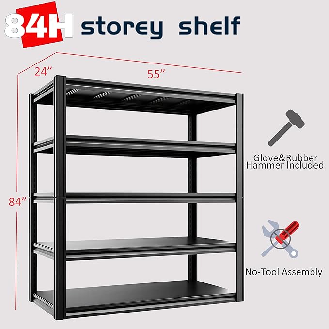 6-Tier 55" W x 24" D x 84" H Garage Shelving 3500LBS Storage Shelves Heavy Duty Metal Shelf Unit Adjustable Basement Industrial Storage Racks (84 * 55 * 24)