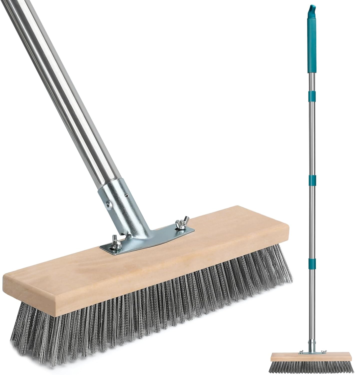 Stainless Steel Deck Scrub Brush with Long Handle, Outdoor Broom for Concrete, Deck, Cement Floor Cleaning, 53" Long Handled Heavy Duty Floor Scrubber