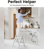 Step Stool, 2 Step Ladder with Anti-Slip and Wide Pedal, Portable Iron Foldable Stepladder for Home and Kitchen, 300lbs - White