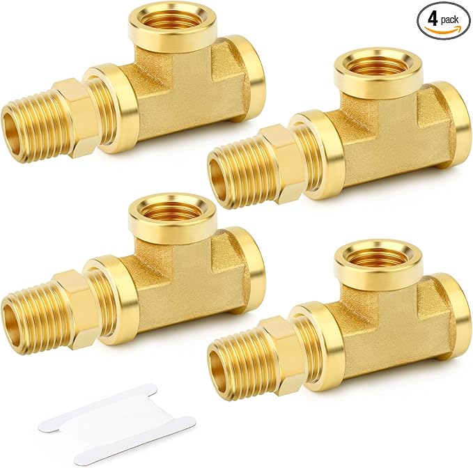 GASHER 4PCS Brass Tee Pipe Fittings, 1/2" NPT Female x 1/2" NPT Female x 1/2" NPT Male Pipe Fittings, Male Run Tee