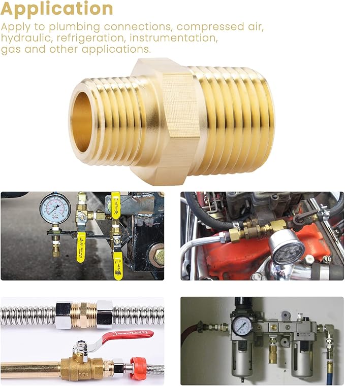 KOOTANS 1/2 NPT x 3/8 NPT Male Solid Brass Hex Nipples, Heavy Brass Pipe Adapter Fittings Reducing Nipple Connectors 4Pieces