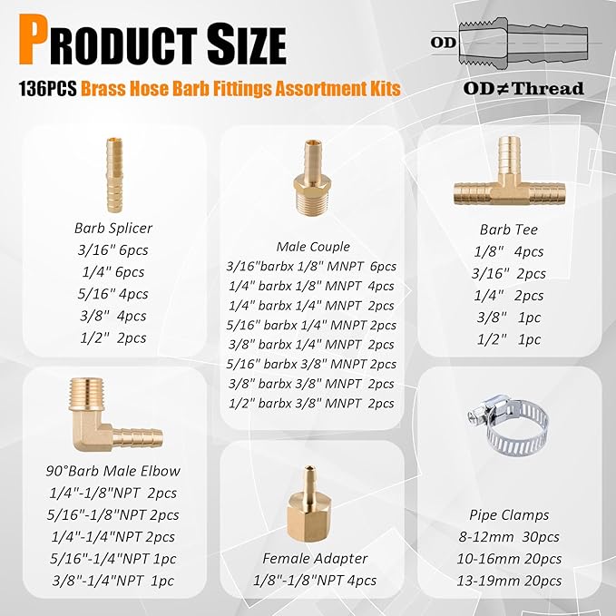 136Pcs Brass Hose Barb Fittings Assortment Kit Barb Splice/Female Adapter/Coupler/Tee/Male Elbow NPT Thread 1/8" 3/16" 1/4" 5/16" 3/8" 1/2" Air Hose Fittings with Pipe Clamps for Water/Air/Fuel