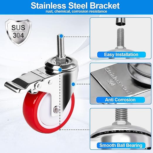 4 inch Stainless Steel Caster Wheels, 1/2"-13x1-1/2 Threaded Stem Casters, TPR Rubber Wheels for Furnitures,Restaurant,Labs,Hospital (4 with Brake, Red PU, 1/2“-13x1-1/2)