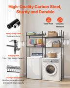 VEVOR Over The Washer and Dryer Storage Shelf, 4 Tier Laundry Room Drying Rack with Hanger Rod and Hooks, Adjustable Over Washer and Dryer Shelves, Laundry Room Shelf Storage Space Saver, Black