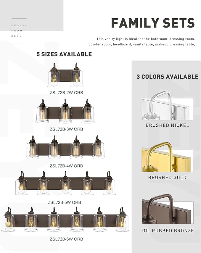 zeyu Oil Rubbed Bronze Bathroom Light Fixtures, 2-Light Bath Vanity Light, 12.5 Inch Farmhouse Wall Sconces with Clear Glass Shade, ZSL72B-2W ORB