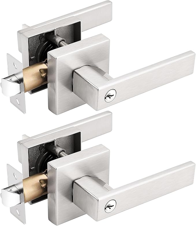 Gobrico Square Entry Exterior Door Levers Locksets with Keys,Heavy Duty Door Hardware,Satin Nickel Finished,2Pack