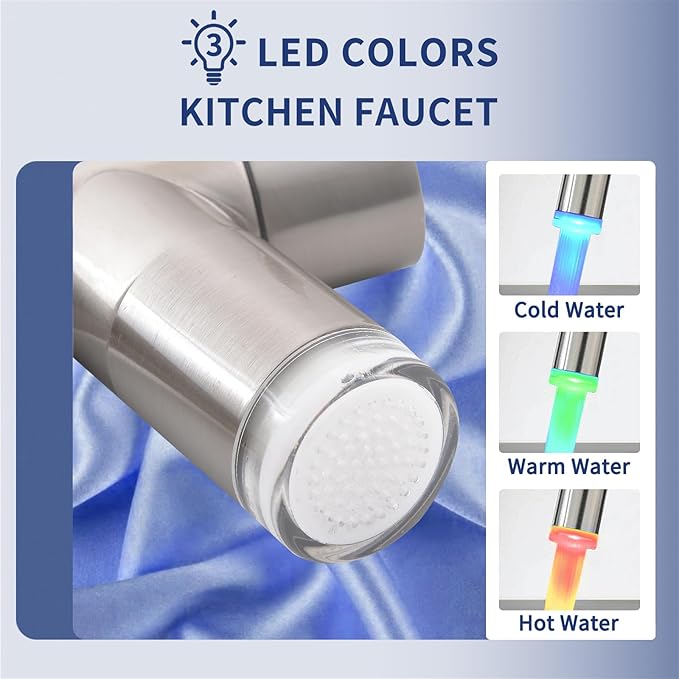 Fapully Kitchen Faucets with Pull Down Sprayer,Commercial Single Handle Kitchen Sink Faucet with LED Light,Brushed Nickel