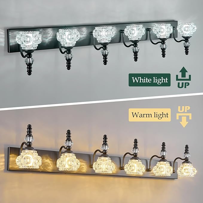 Modern Crystal Bathroom Vanity Light Black Vintage Bathroom Light Fixtures 6-Lights Glass Crystal Vanity Lights