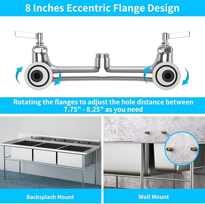 Commercial Faucet with Sprayer 8 Inch Center 25" Height Wall Mount Kitchen Sink Faucet Add On 12" Spout and Pull Down Pre Rinse Sprayer Faucet for 1, 2 or 3 Compartment Sink (Polished Chrome)