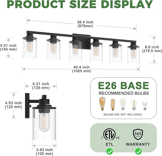DORESshop Bathroom Light Fixtures, 6-Light Matte Black Bathroom Lighting Fixtures Over Mirror with Clear Glass Shade, Vanity Lights for Hallway Living Room Bedroom