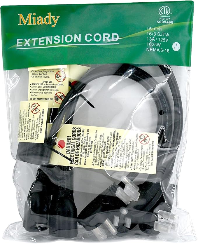 Miady Flat Plug Extension Cord 1 Ft, 90 Degree Plug Adapter, 3 Prong Grounded Wire Short Flat Wall Power Cable Black ETL Listed (4-Pack, 13 Amp, 125 Volts, 1625 Watts)