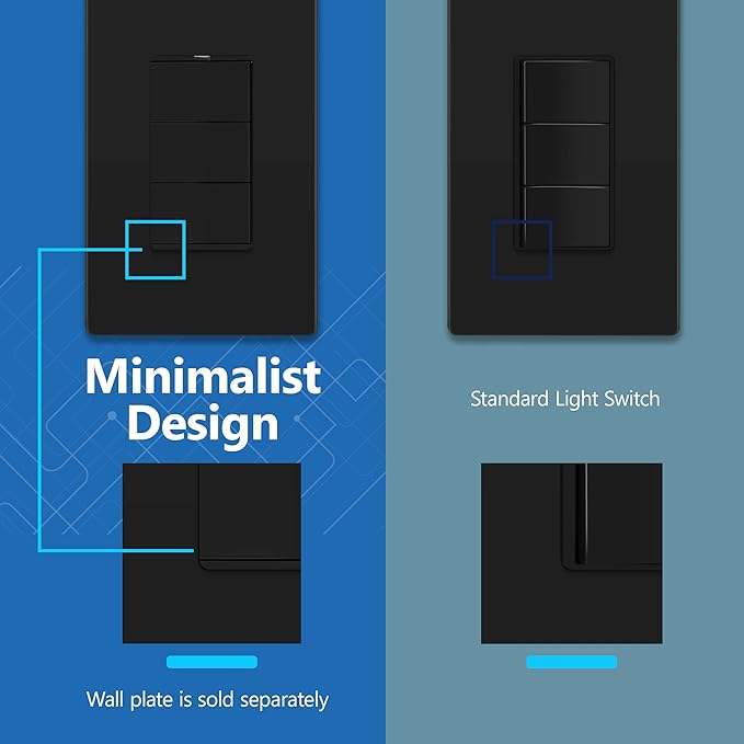 LIDER Minimalist Design Matte Finish Lighted Triple Switch, Combination Frameless Decorator Switch with Locator Light, Ground Terminal, Single Pole, 15A 120-277V, UL Listed, LCS3-1P-BK, Black