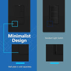 LIDER Minimalist Design Matte Finish Lighted Triple Switch, Combination Frameless Decorator Switch with Locator Light, Ground Terminal, Single Pole, 15A 120-277V, UL Listed, LCS3-1P-BK, Black