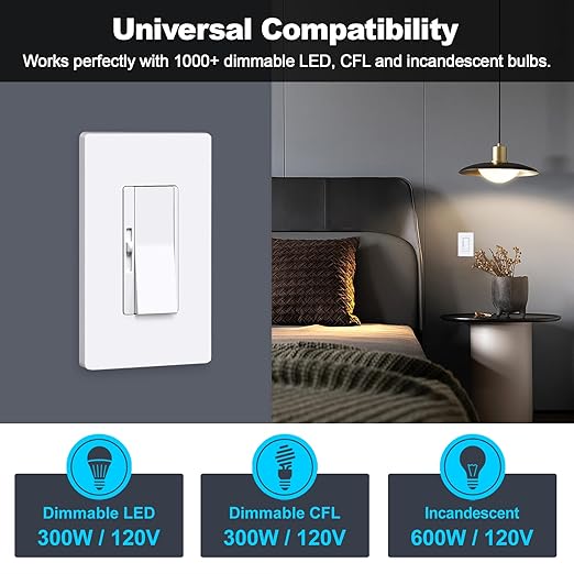 BESTTEN Super Slim Dimmer Light Switch, Quiet Rocker, Single Pole or 3 Way Dimmable Switch, Max 300W LED, CFL, 600W Incandescent, Screwless Wall Plate Included, ETL Listed, 6 Pack, White