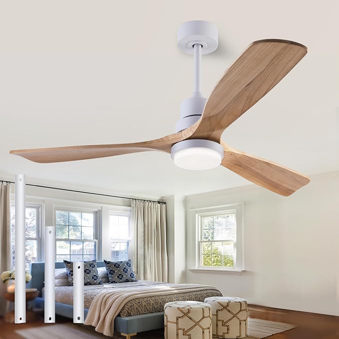 48" Wood Ceiling Fan with Light and Remote Control, Indoor Outdoor Wooden 3 Blades Ceiling Fan for Patio Living Room, Bedroom, Office,Reversible DC Motor(White + Raw wood)