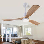 48" Wood Ceiling Fan with Light and Remote Control, Indoor Outdoor Wooden 3 Blades Ceiling Fan for Patio Living Room, Bedroom, Office,Reversible DC Motor(White + Raw wood)