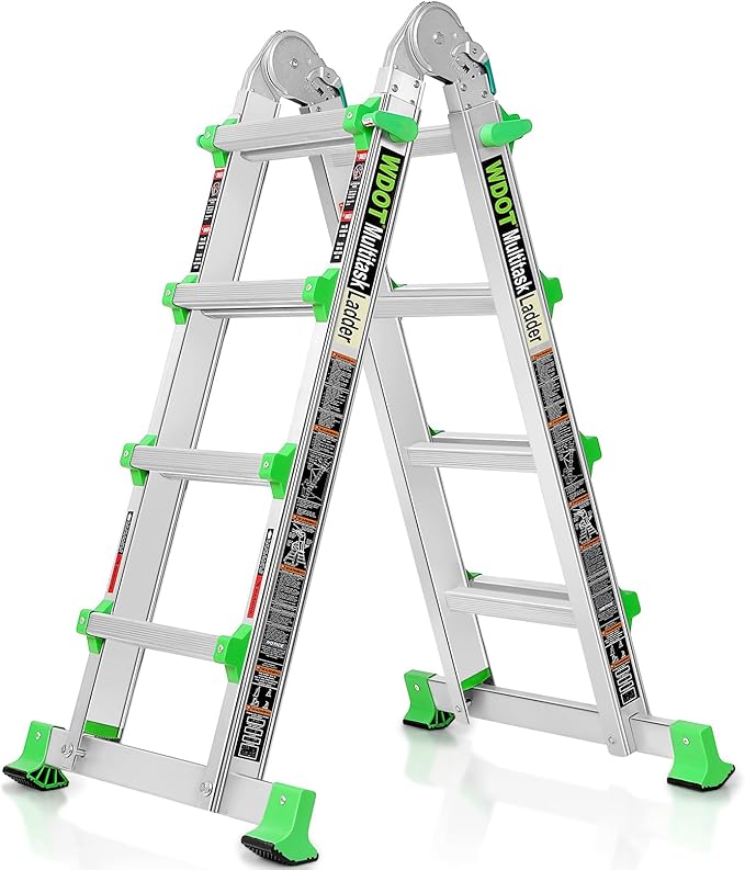 Ladder, Extension Ladders for Home Stairs 14 Ft, 4 Step Multi Position A Frame Ladder with Stabilizer Bar, Compact Folding, 330 lbs Telescopic Aluminum Adjustable Ladders, Escaleras para Casa