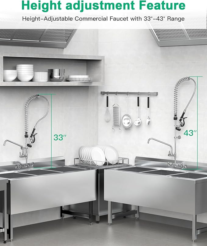 Commercial Sink Faucet with Pre-Rinse Sprayer -Height Adjustable (33-43 inch) Wall Mount Industrial Kitchen Faucet 8 inch Center with Pre-Rinse Sprayer and 12 Inch Swivel Spout