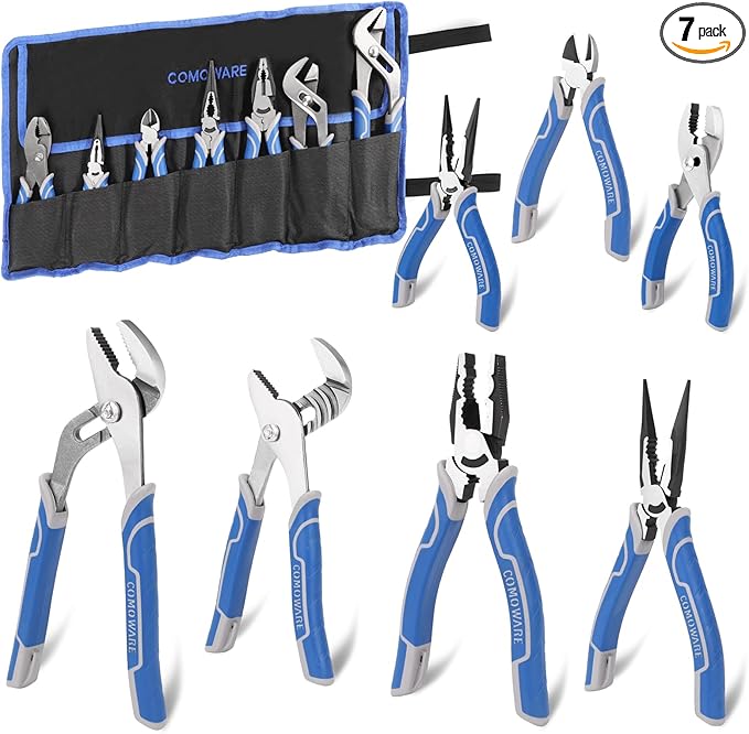 COMOWARE 7Pcs Pliers Tool Set, Mechanic Pliers with Rolling Pouch, including Groove Joint Long Nose Slip Joint Diagonal & Wire Plier for Home DIY Craft Projects Basic Repairs