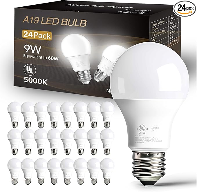 dalattin 24 Pack LED Bulbs Daylight White 5000K, 60 Watt Equivalent A19 Standard Bulbs, E26 Base, 800 LM, Efficient 9W Energy Saving, Non-Dimmable, 80+ CRI, 120V, UL Listed, for Living Room, Office