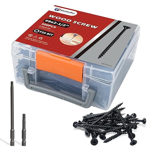 Deck Screws 2 1/2 inch, 500 Pcs Wood Screws #9 x 2-1/2", Rust Resistant, Construction Fence Exterior Screws, Torx Head Drive, 2 Pcs T25 Star Bits Included, Black