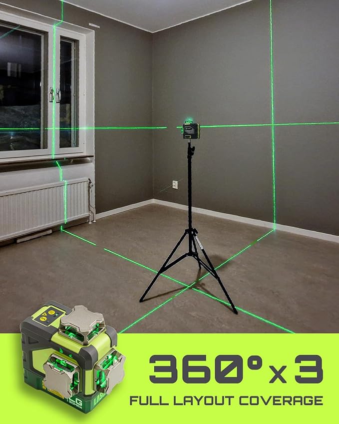 LasGoo LG-3DMAX 3x360° Green Laser Level, 3D Self-Leveling Cross Line Laser with 2 Rechargeable Lithium Batteries, Fine-Tuning Bracket Adapter, Green Laser Enhancement Glasses, and Hard Carrying Case